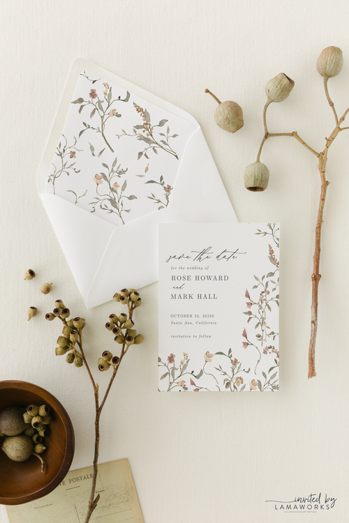 Delicate Fall Floral Printed Save the Date Card with Dusty Rose Flowers | Rose and Mark