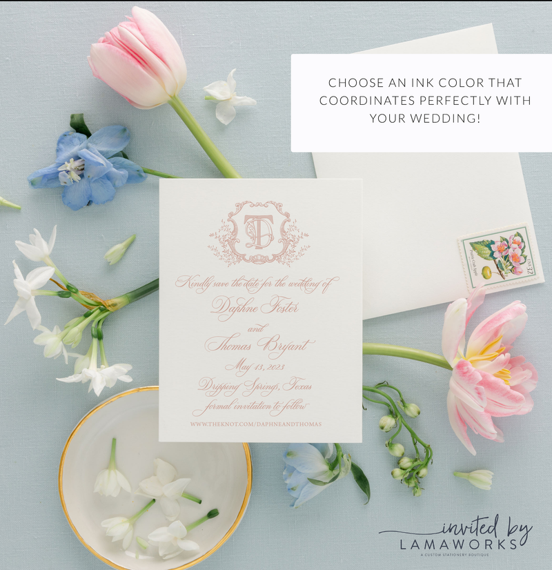 Intertwined monogram crest save the date for a classic and traditional wedding